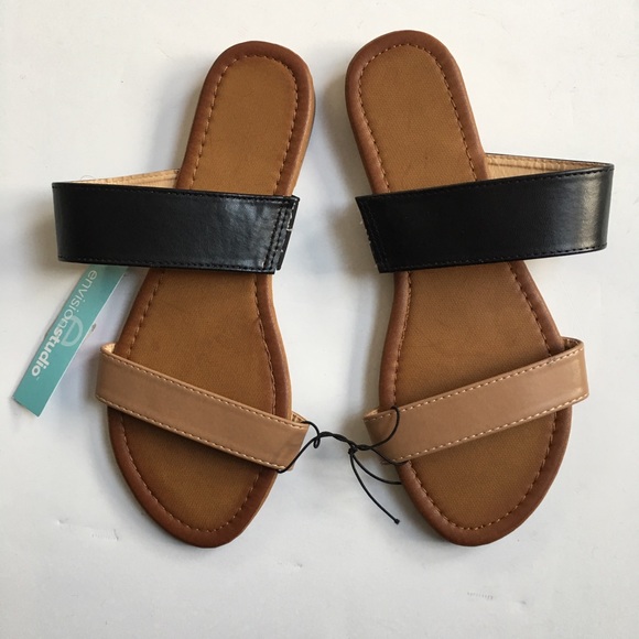 Envision Studio Black Tan Slide Sandals New - Picture 2 of 5
